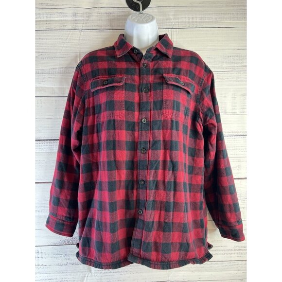 LL Bean Shirt Jacket Womens XL Red Buffalo Plaid Shacket Fleece Lined Flannel - Picture 1 of 12